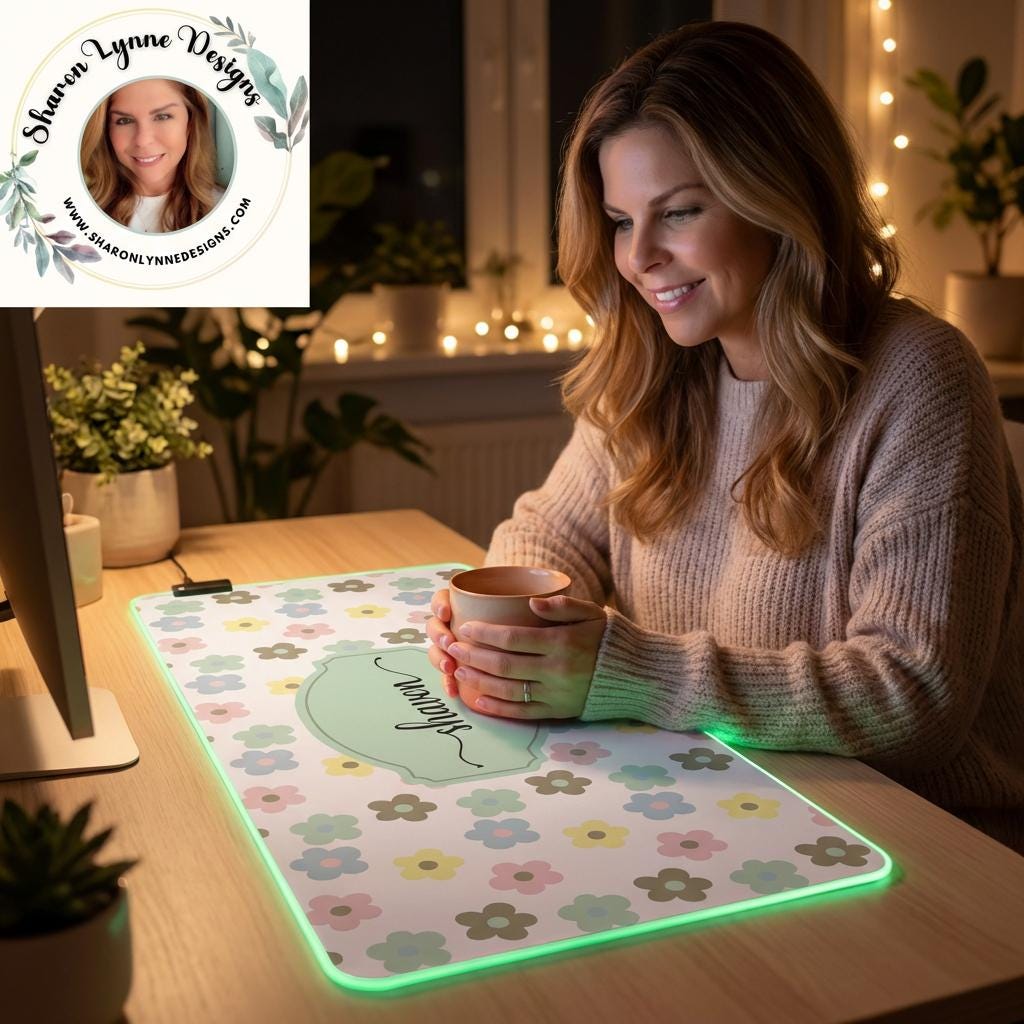 Pastel Floral LED Gaming Mouse Pad | Custom Name RGB Desk Mat for Gamer Setup