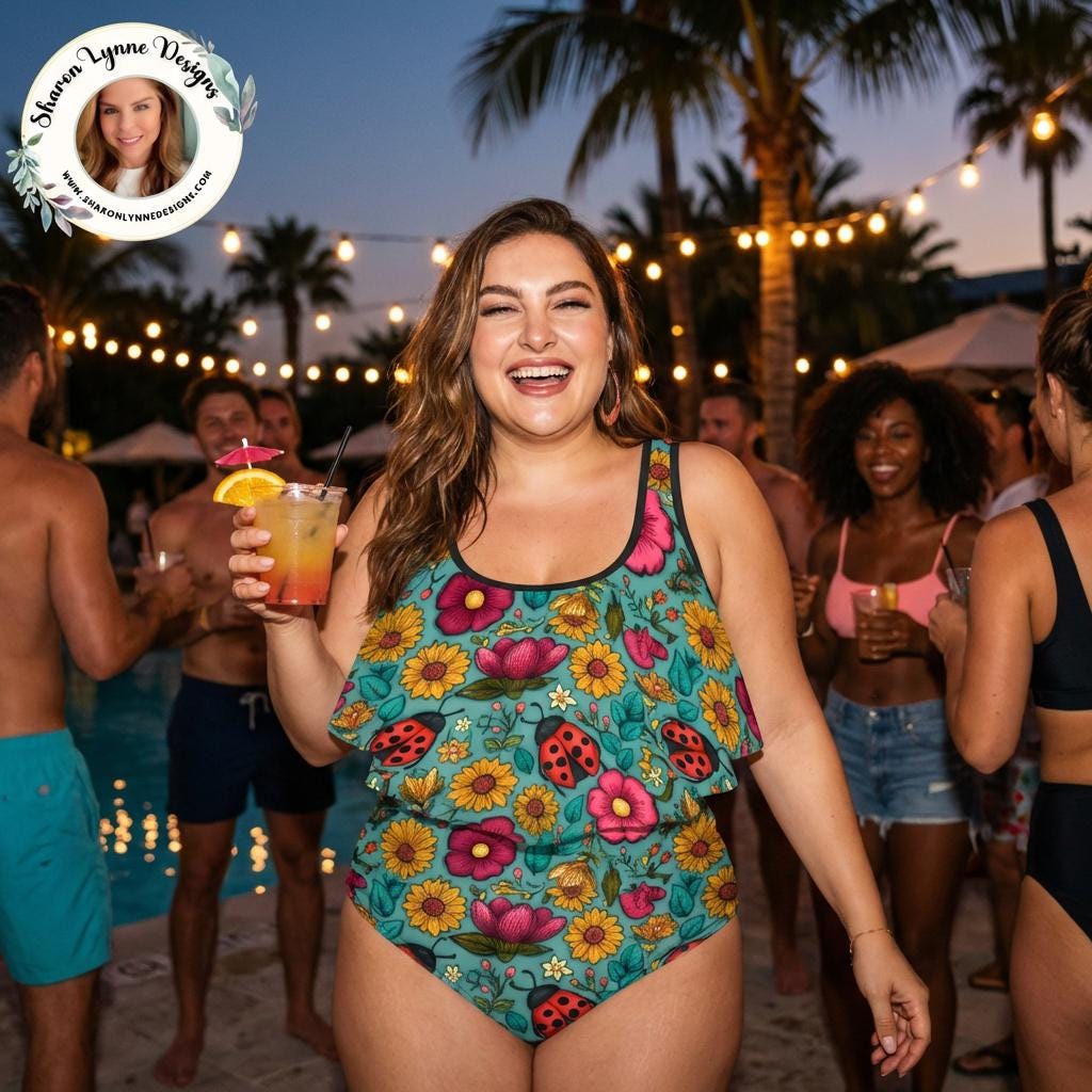 Plus Size Ruffle Swimsuit – Floral Ladybug Print Two-Piece Bikini
