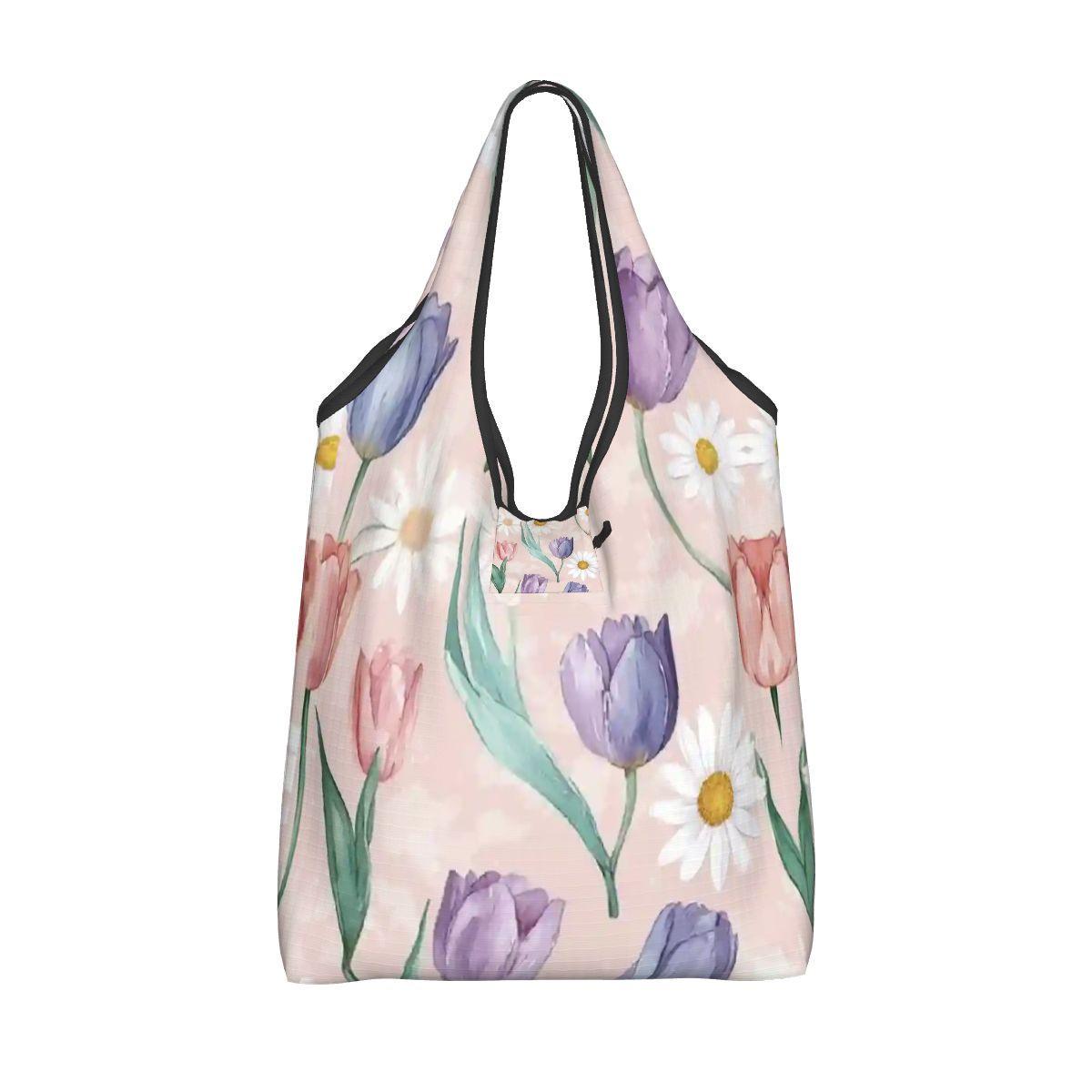 Tulip Daisy Folding Reusable Grocery Bags - Compact Eco Shopping Totes with Floral Pattern