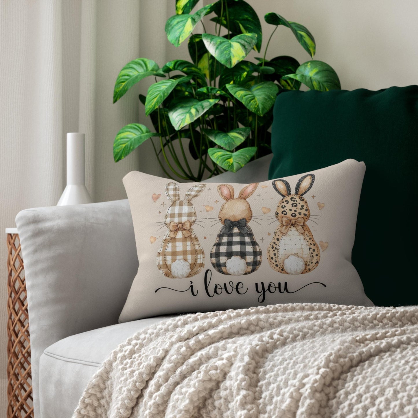 I Love You Bunny Trio Lumbar Pillow Easter Spring Farmhouse Decor Throw Pastel Holiday