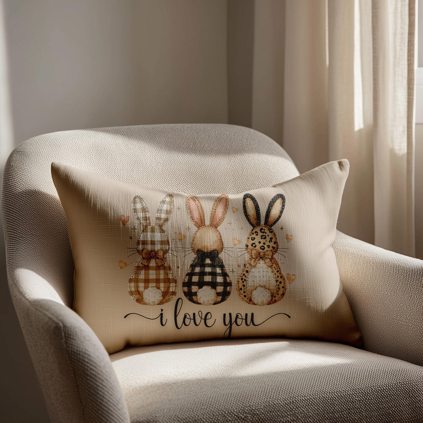 I Love You Bunny Trio Lumbar Pillow Easter Spring Farmhouse Decor Throw Pastel Holiday