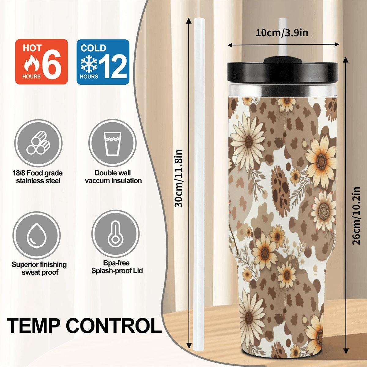 Flower 40oz Tumbler with Handle and Straw - Large Insulated Water Bottle Cup