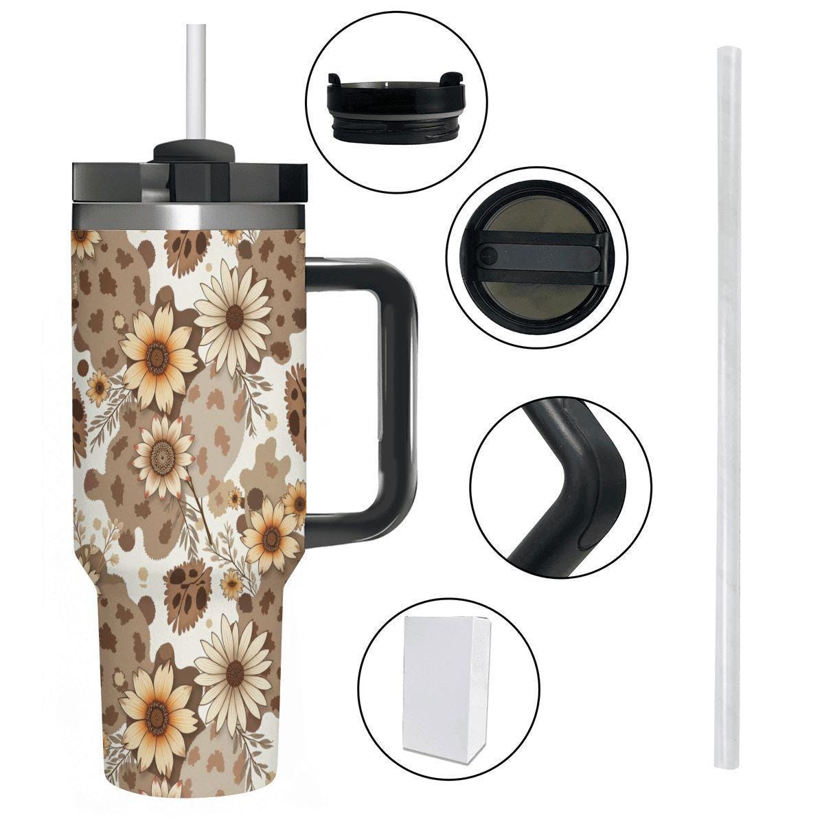 Flower 40oz Tumbler with Handle and Straw - Large Insulated Water Bottle Cup