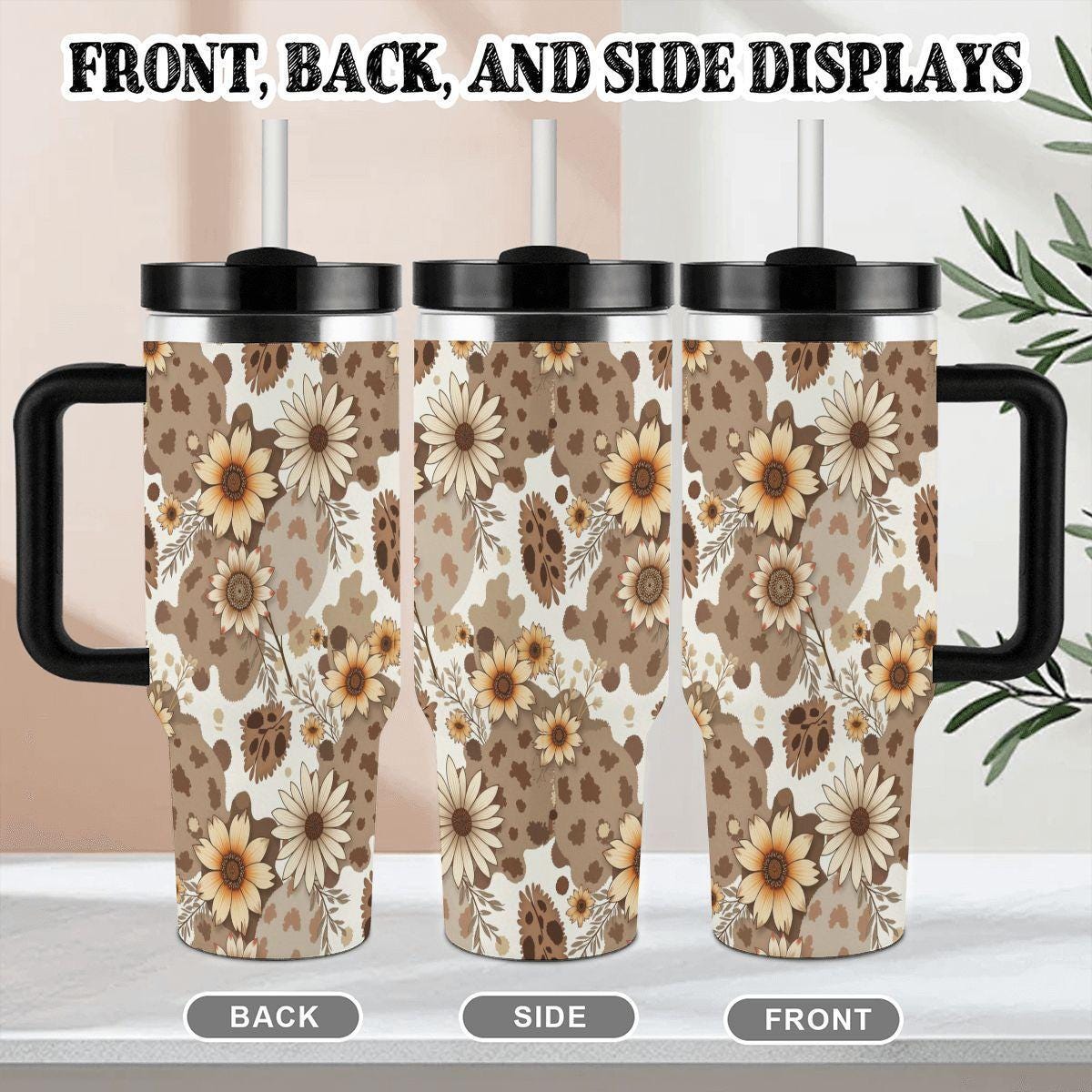 Flower 40oz Tumbler with Handle and Straw - Large Insulated Water Bottle Cup