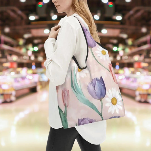 Tulip Daisy Folding Reusable Grocery Bags - Compact Eco Shopping Totes with Floral Pattern