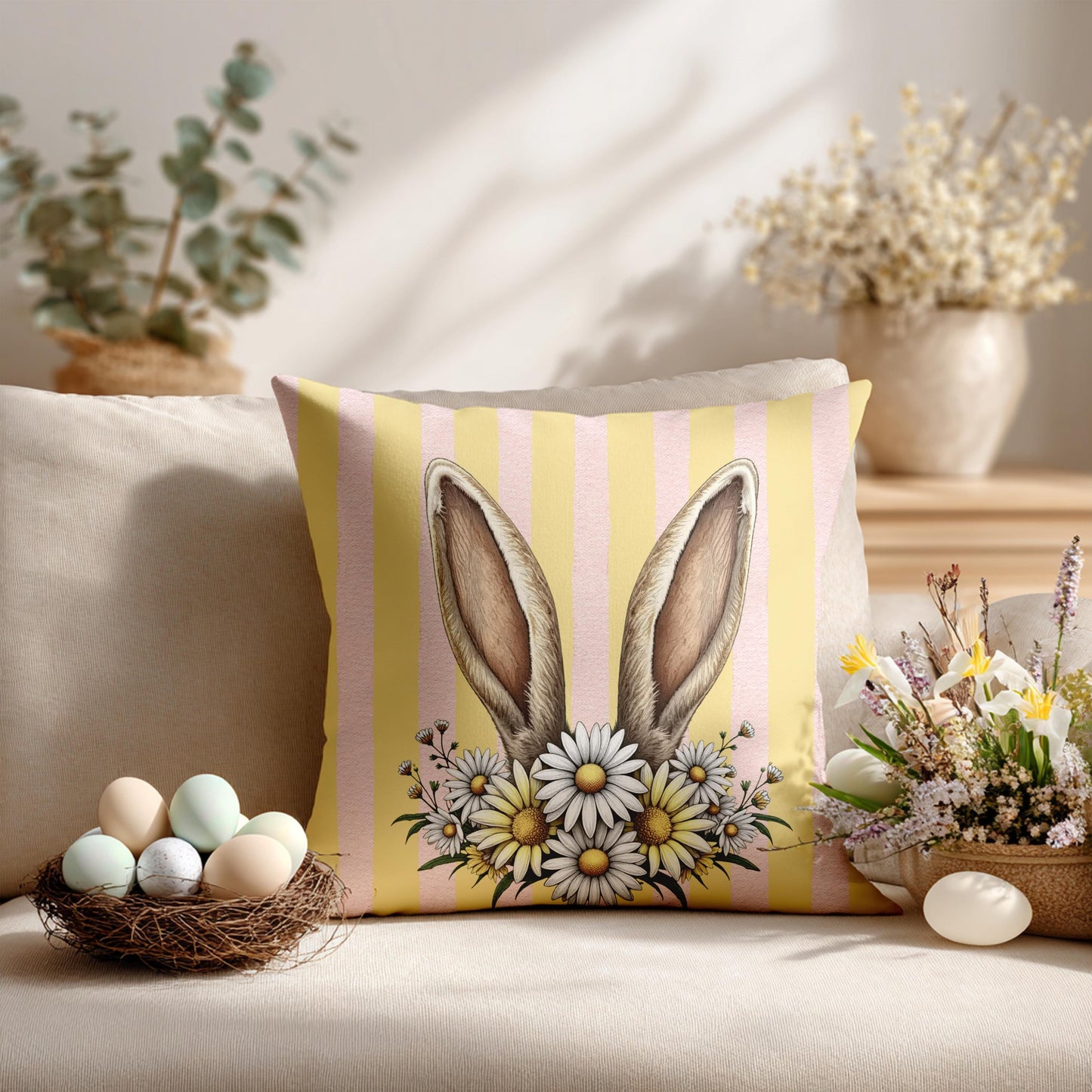 Bunny Ears Daisy Pastel Striped Faux Suede Square Pillowcase - Spring Easter Decor Pillow Cover