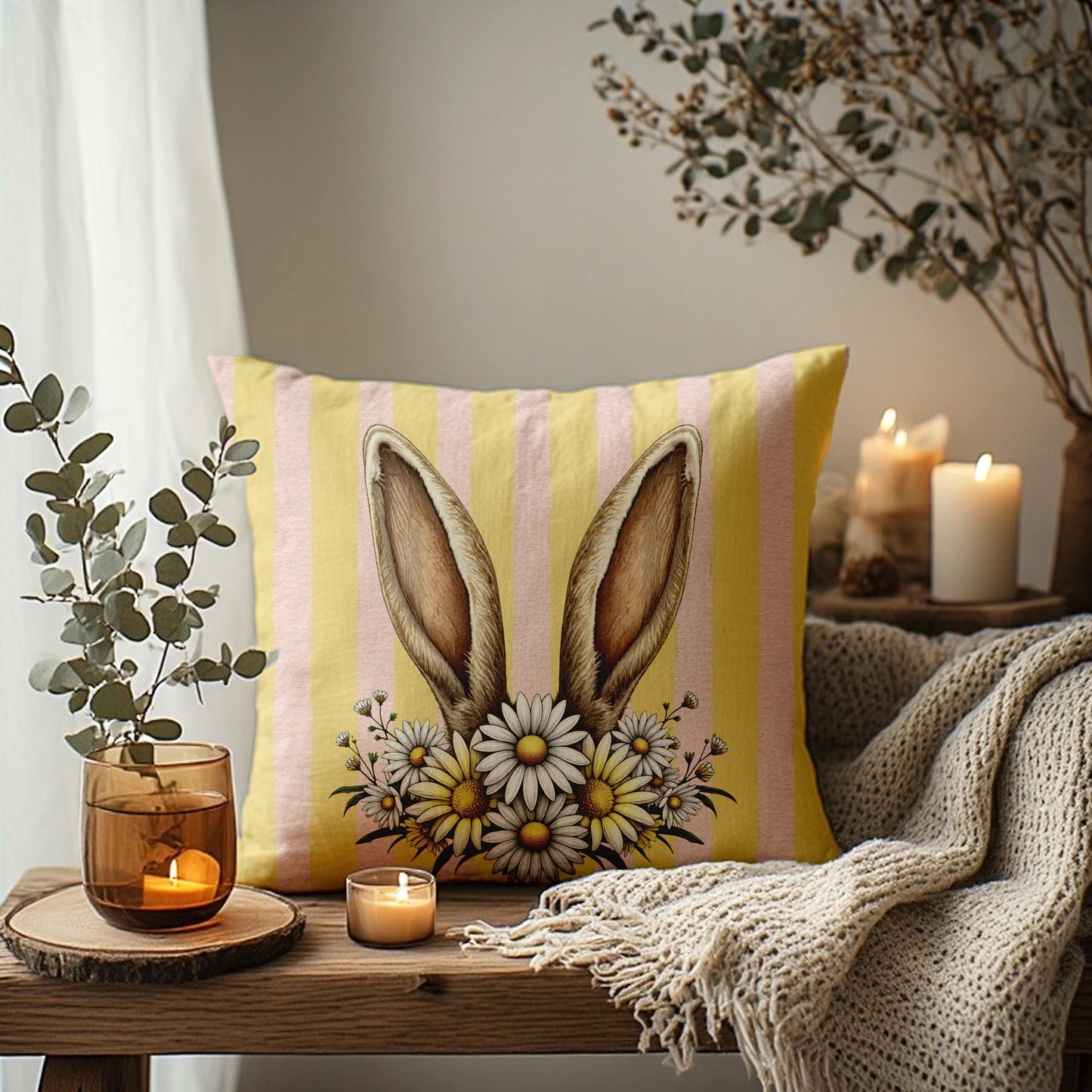 Bunny Ears Daisy Pastel Striped Faux Suede Square Pillowcase - Spring Easter Decor Pillow Cover