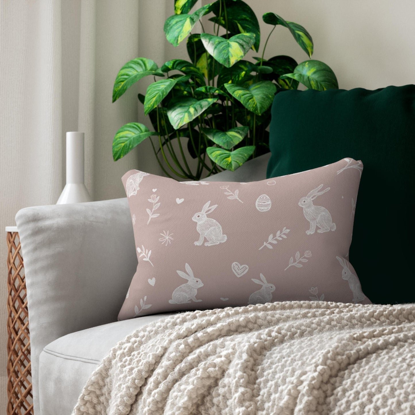 Pink Bunny Lumbar Pillow | Whimsical Rabbit Nursery Decor | Easter Spring Accent Cushion Gift