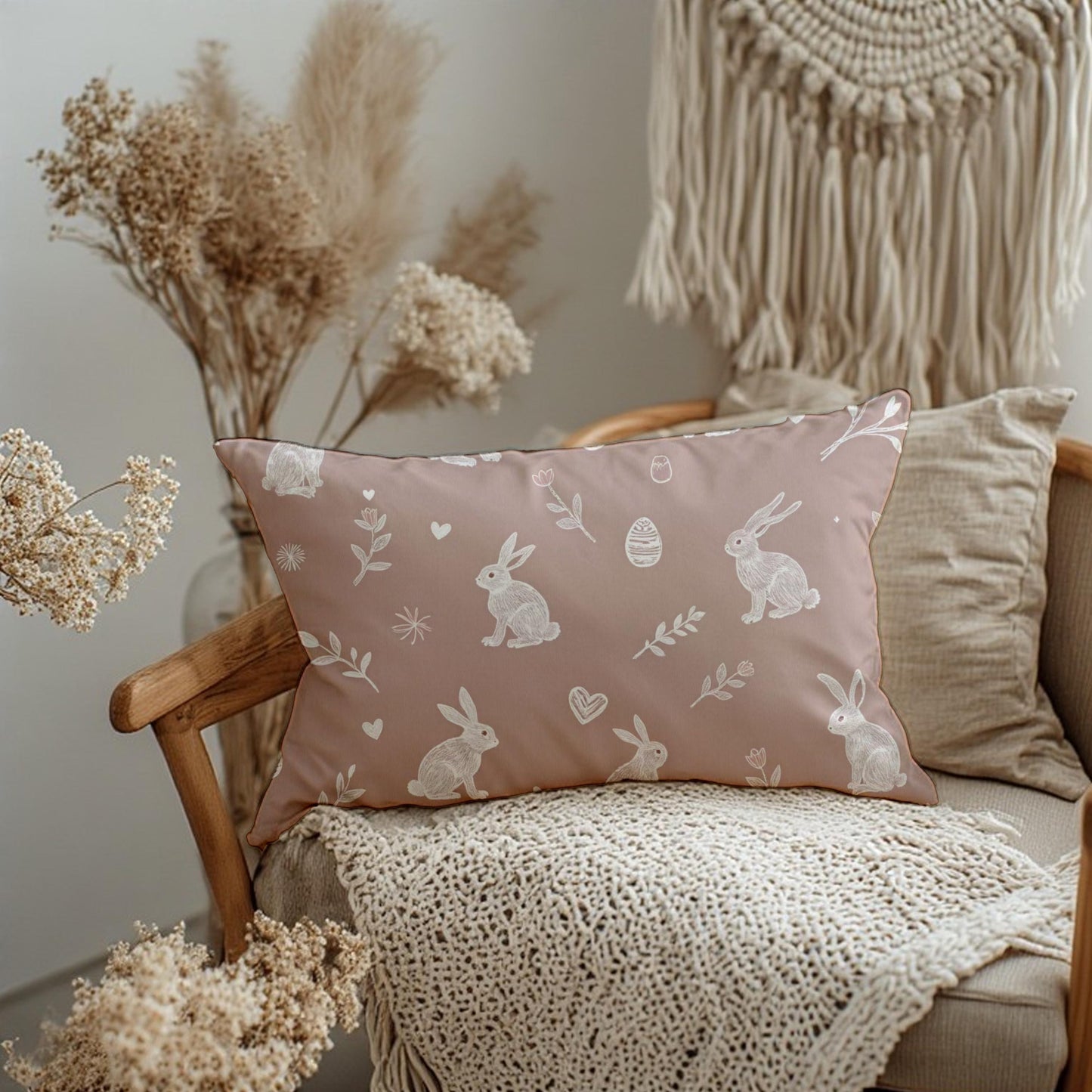 Pink Bunny Lumbar Pillow | Whimsical Rabbit Nursery Decor | Easter Spring Accent Cushion Gift