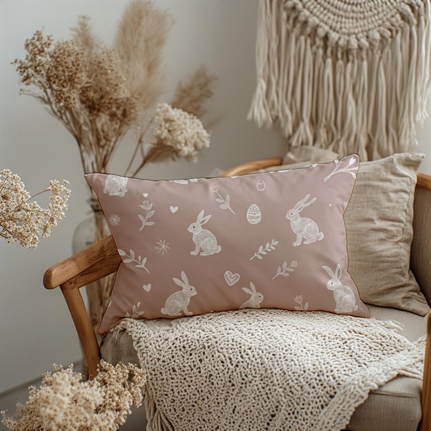 Pink Bunny Lumbar Pillow | Whimsical Rabbit Nursery Decor | Easter Spring Accent Cushion Gift