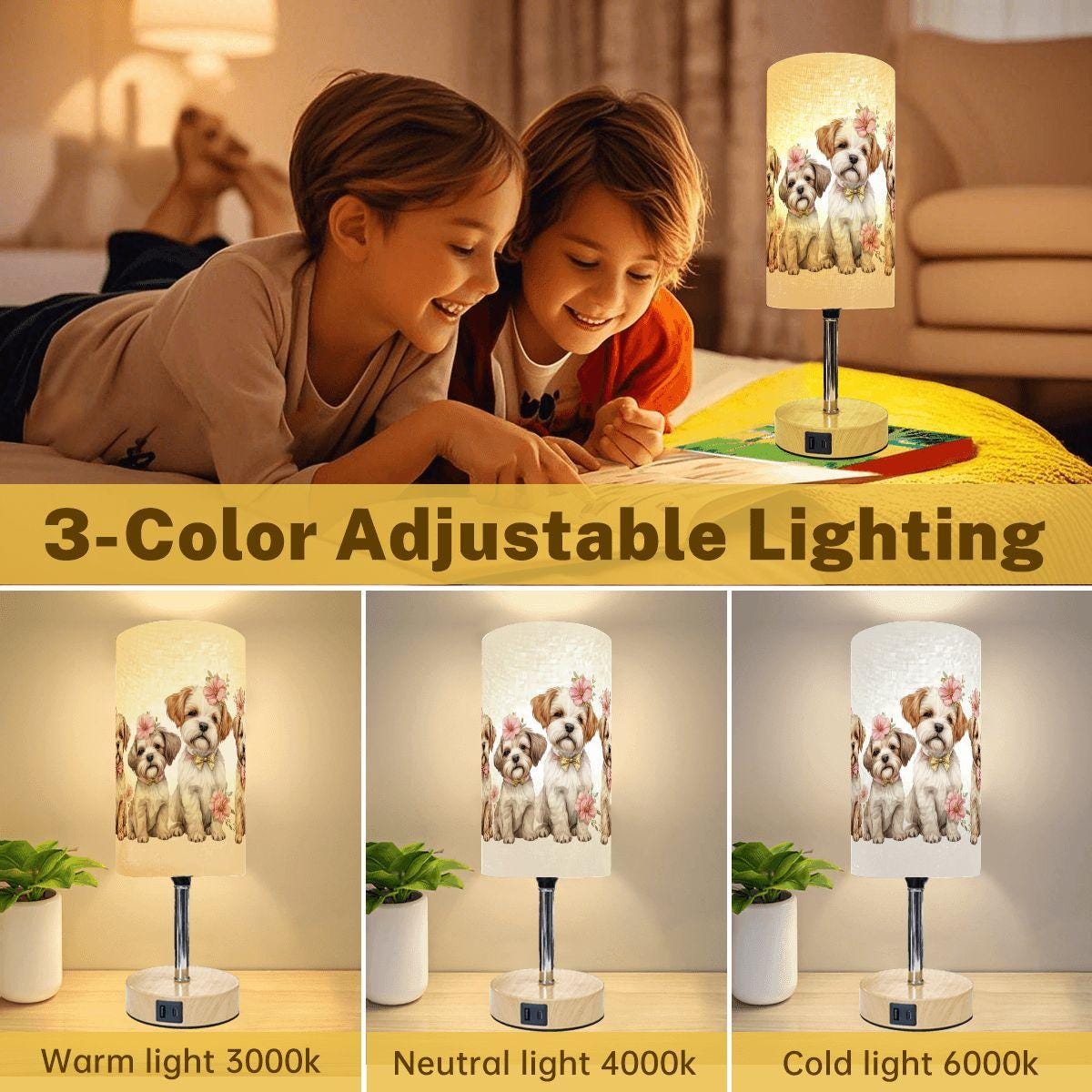 Puppy Touch Bedside Table Lamp with USB Charging Port - Night Light for Kids Bedroom