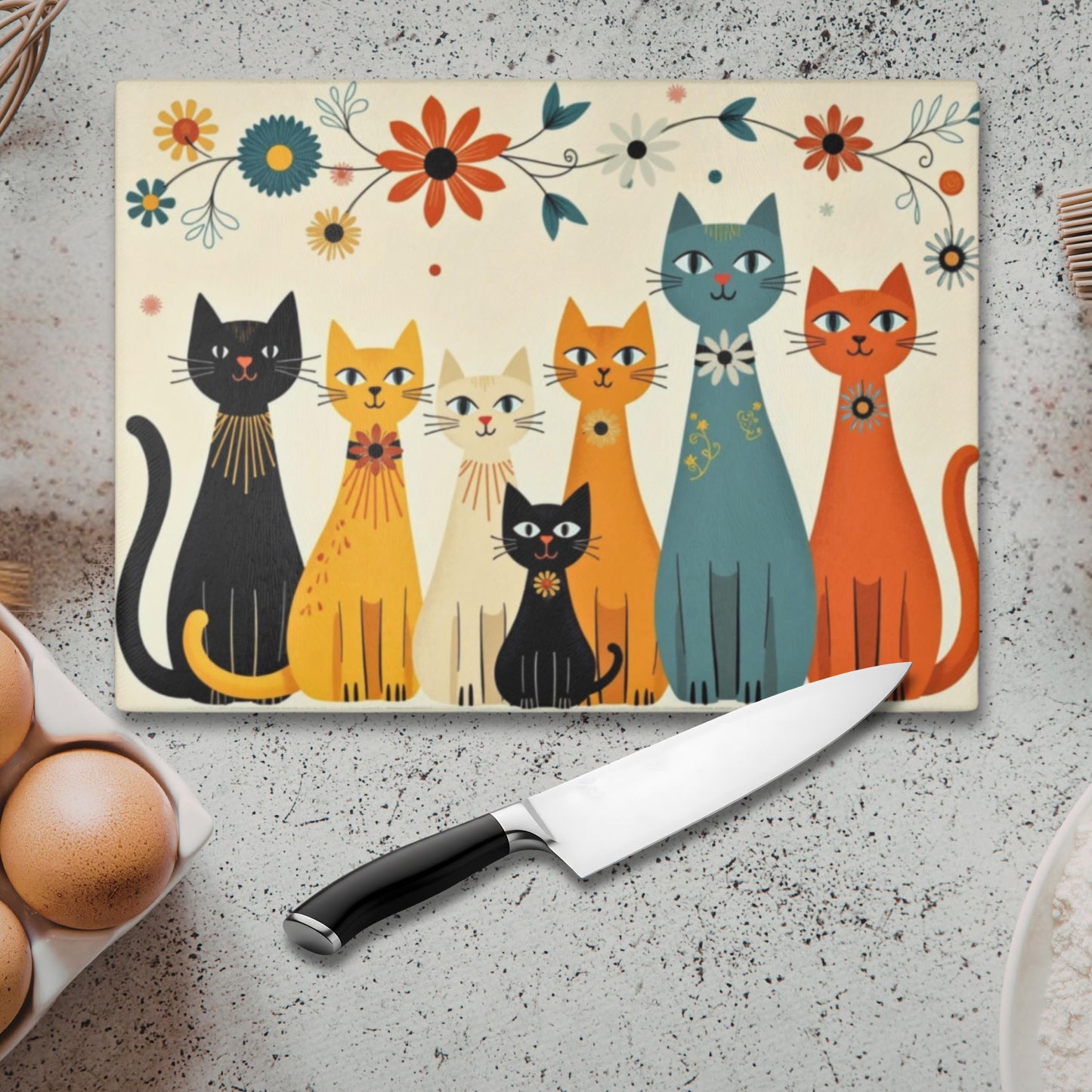 Cat Cutting Board, Tempered Glass with Retro Floral Design, Two Sizes