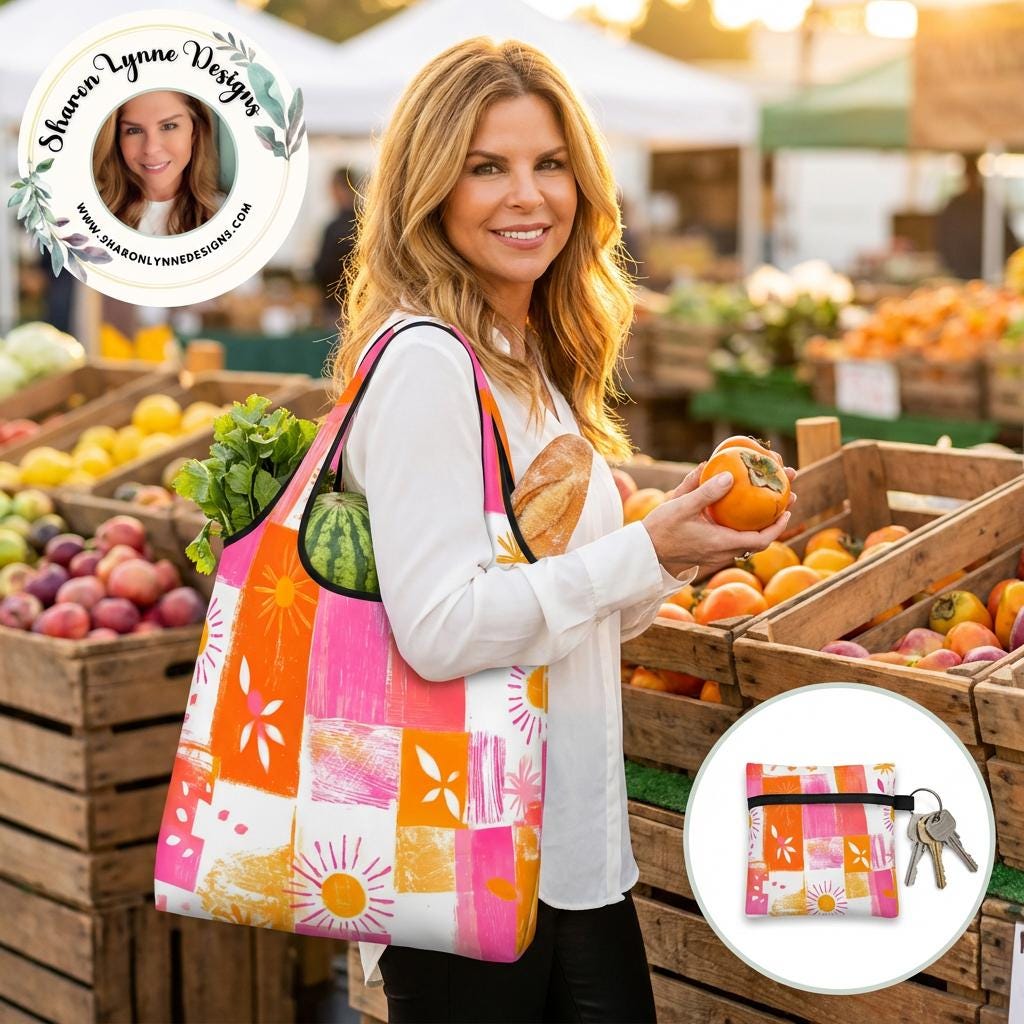 Pink Orange Folding Reusable Grocery Shopping Bags Compact Eco-Friendly Tote Storage