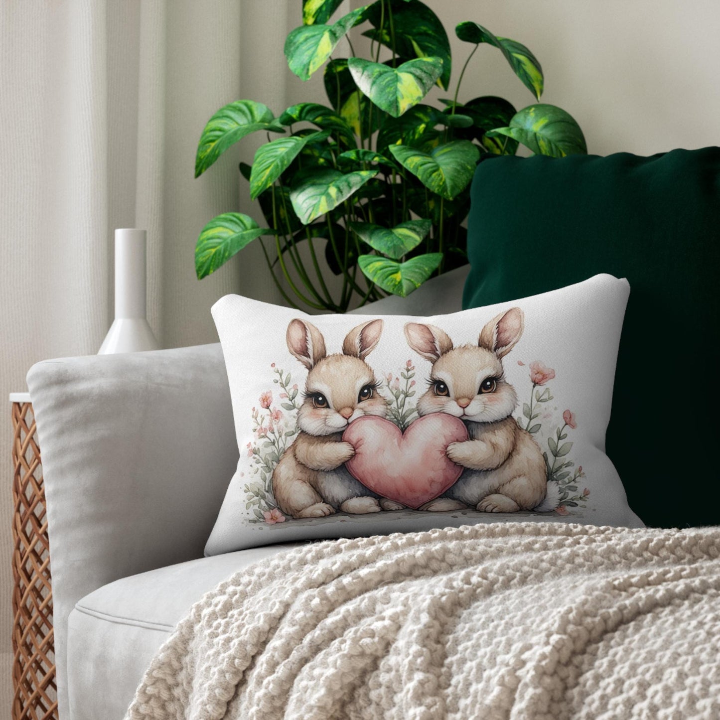 Two Bunnies Holding Heart Lumbar Pillow - Nursery Decor Animal Baby Room Easter