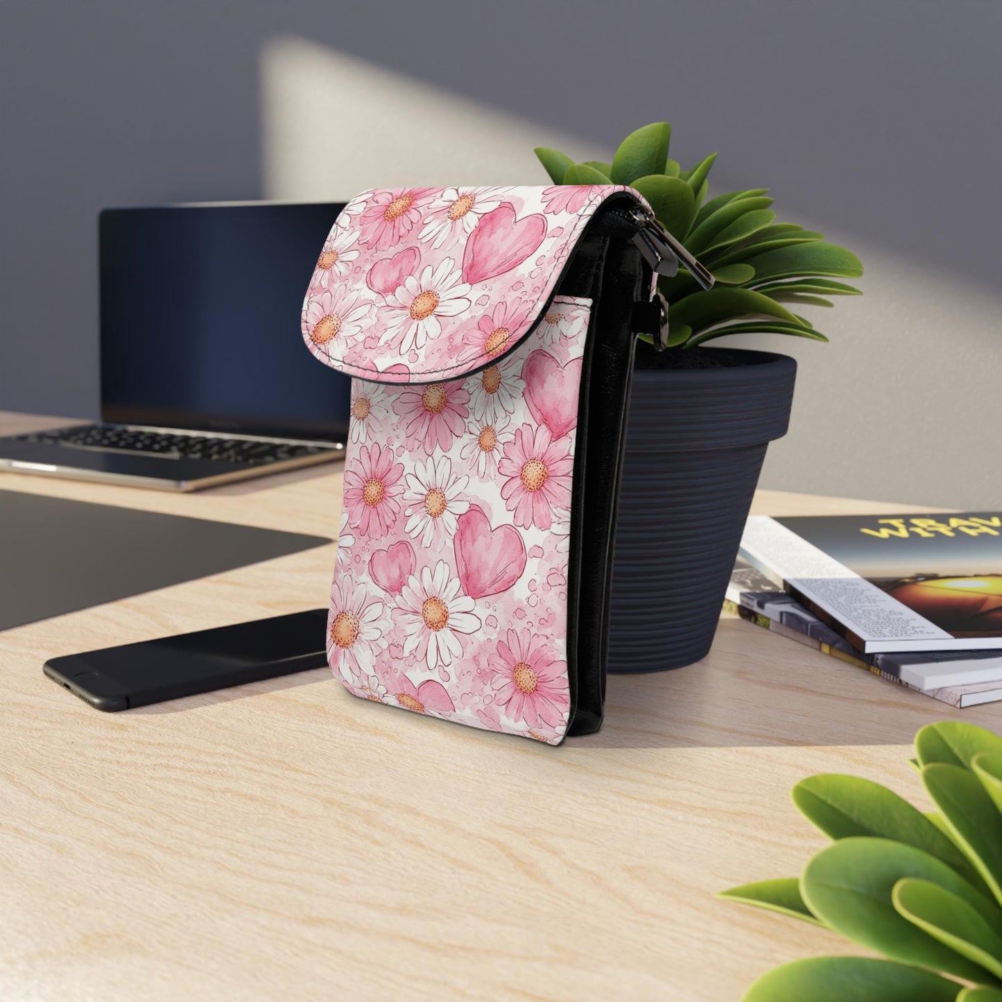 Pink Daisy Hearts Floral Crossbody Phone Wallet Pouch - Leather Cell Bag