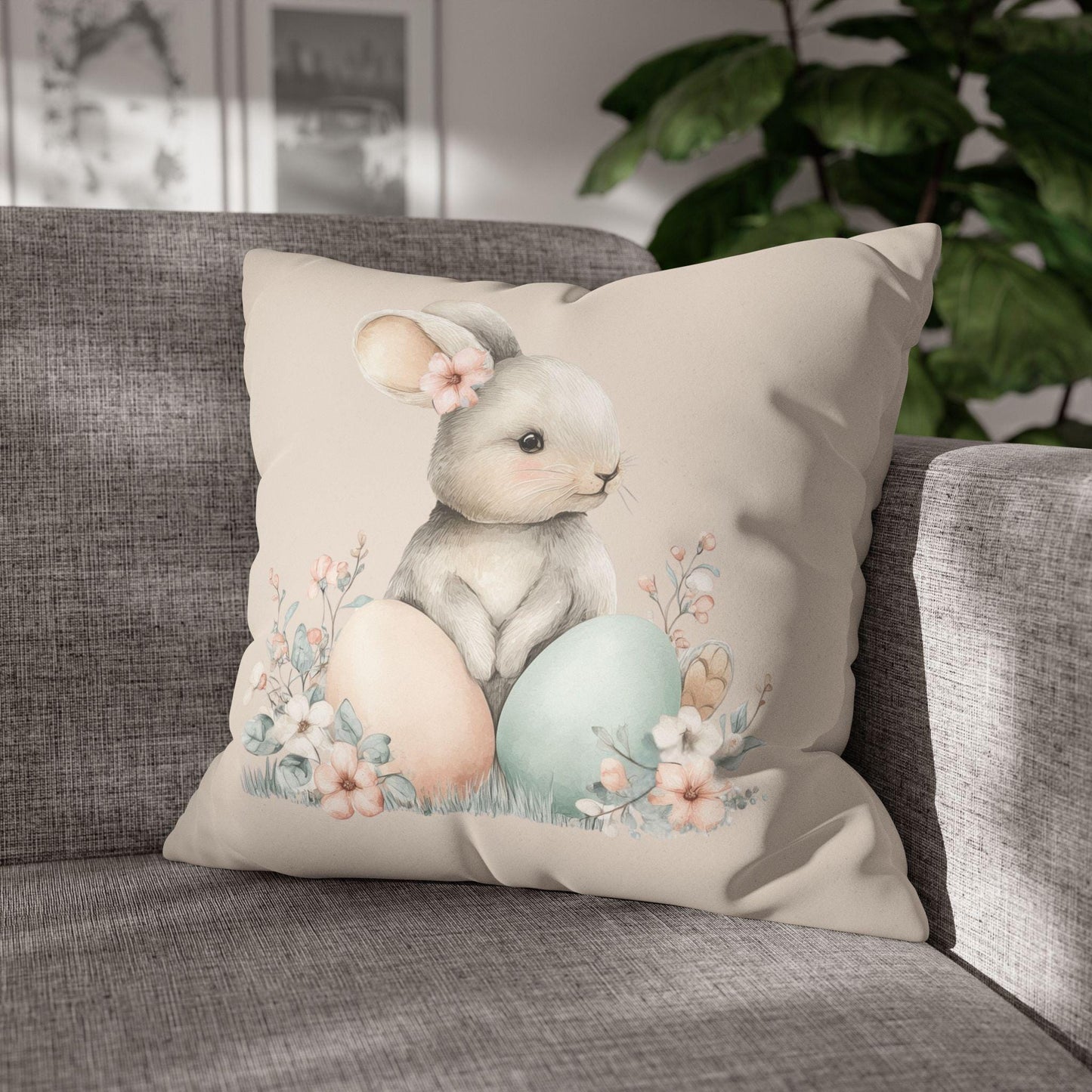 Pastel Easter Bunny Faux Suede Square Pillowcase | Easter Decor