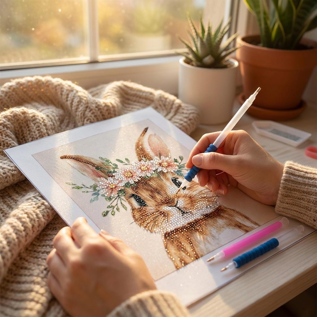 Bunny Diamond Painting Kit: DIY Mosaic Art with Flower Crown for Relaxing Craft Project