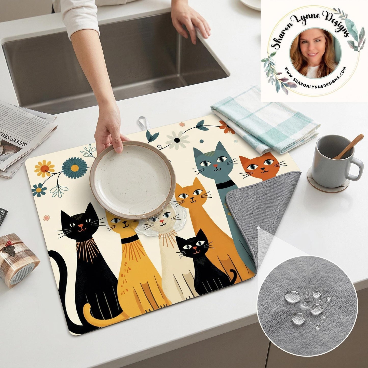 Retro Cat Large Dish Drying Mat - Kitchen Counter Water Absorbent Microfiber Protection Pad