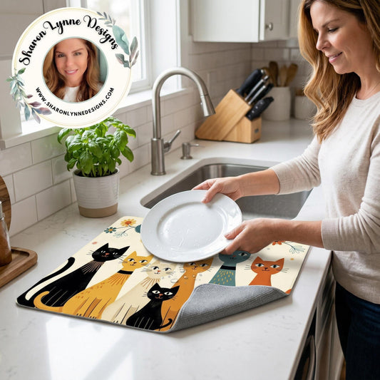 Retro Cat Large Dish Drying Mat - Kitchen Counter Water Absorbent Microfiber Protection Pad