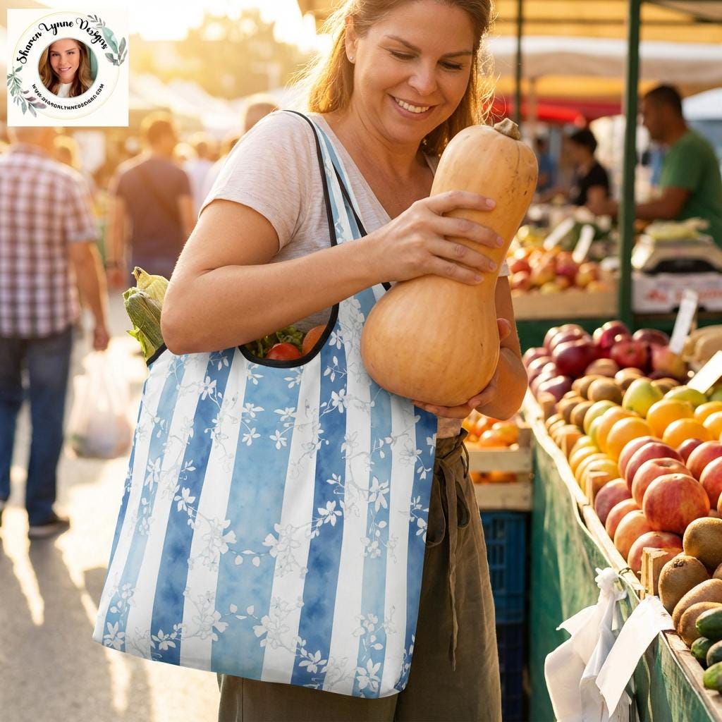 Blue Floral Folding Reusable Grocery Bags - Eco-Friendly Compact Shopping Totes with Pretty Botanical Design