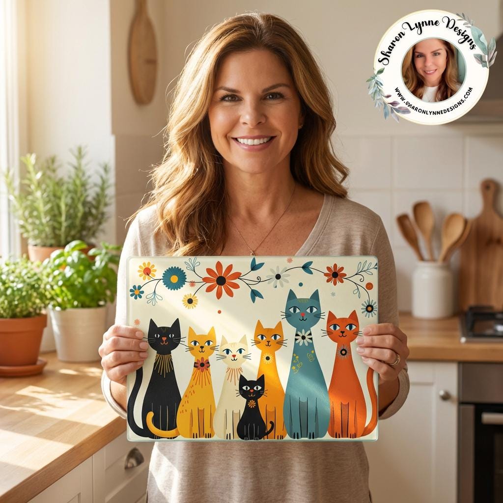 Retro Floral Cat Row Glass Cutting Board Colorful Kitchen Decor Vintage Animal Lover Gift