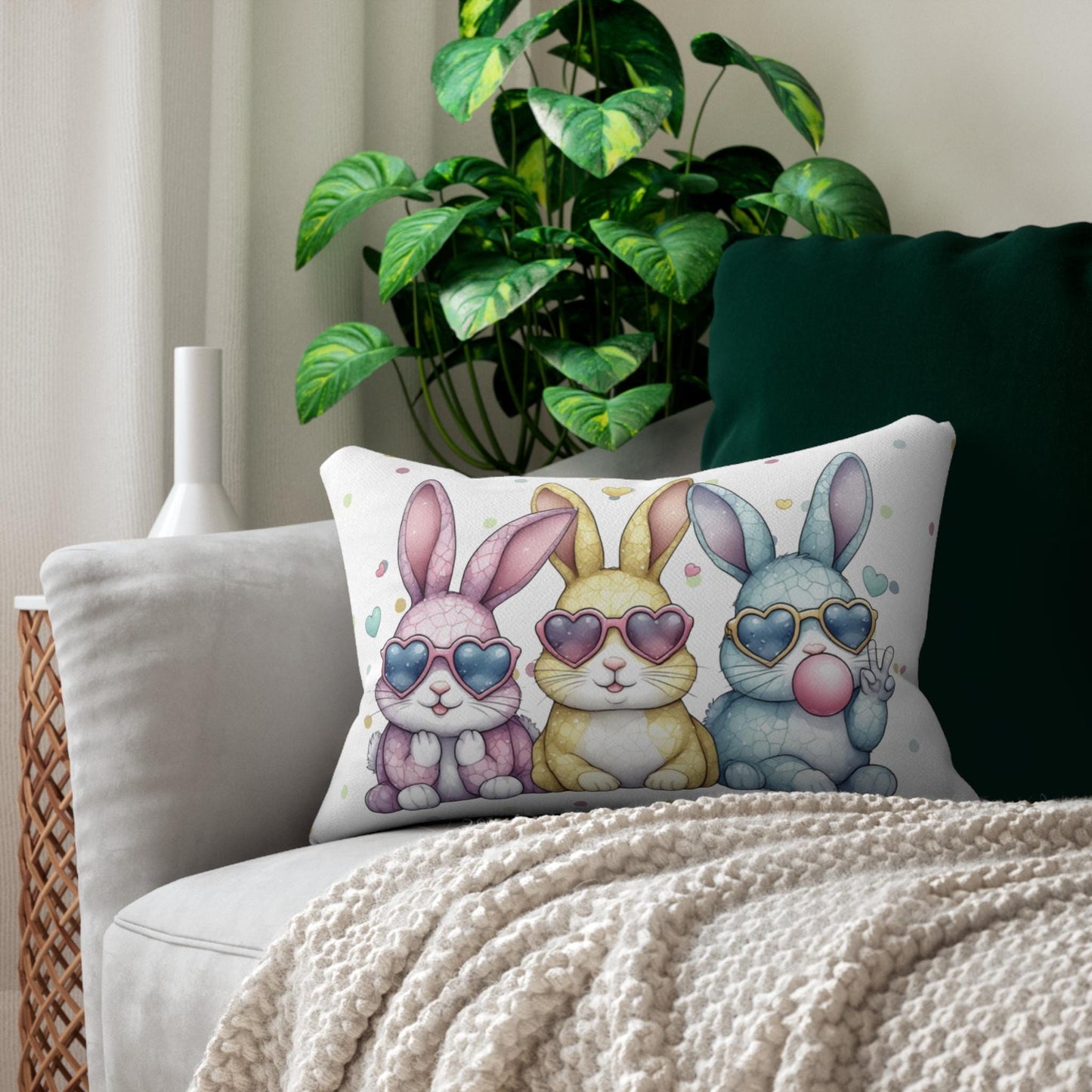 Pastel Bunny Trio Bunnies Heart Sunglasses Lumbar Pillow Easter Spring Decor