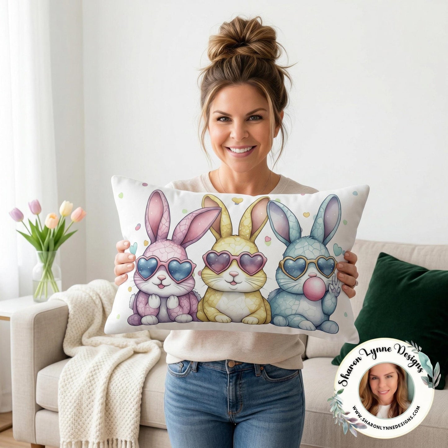Pastel Bunny Trio Bunnies Heart Sunglasses Lumbar Pillow Easter Spring Decor