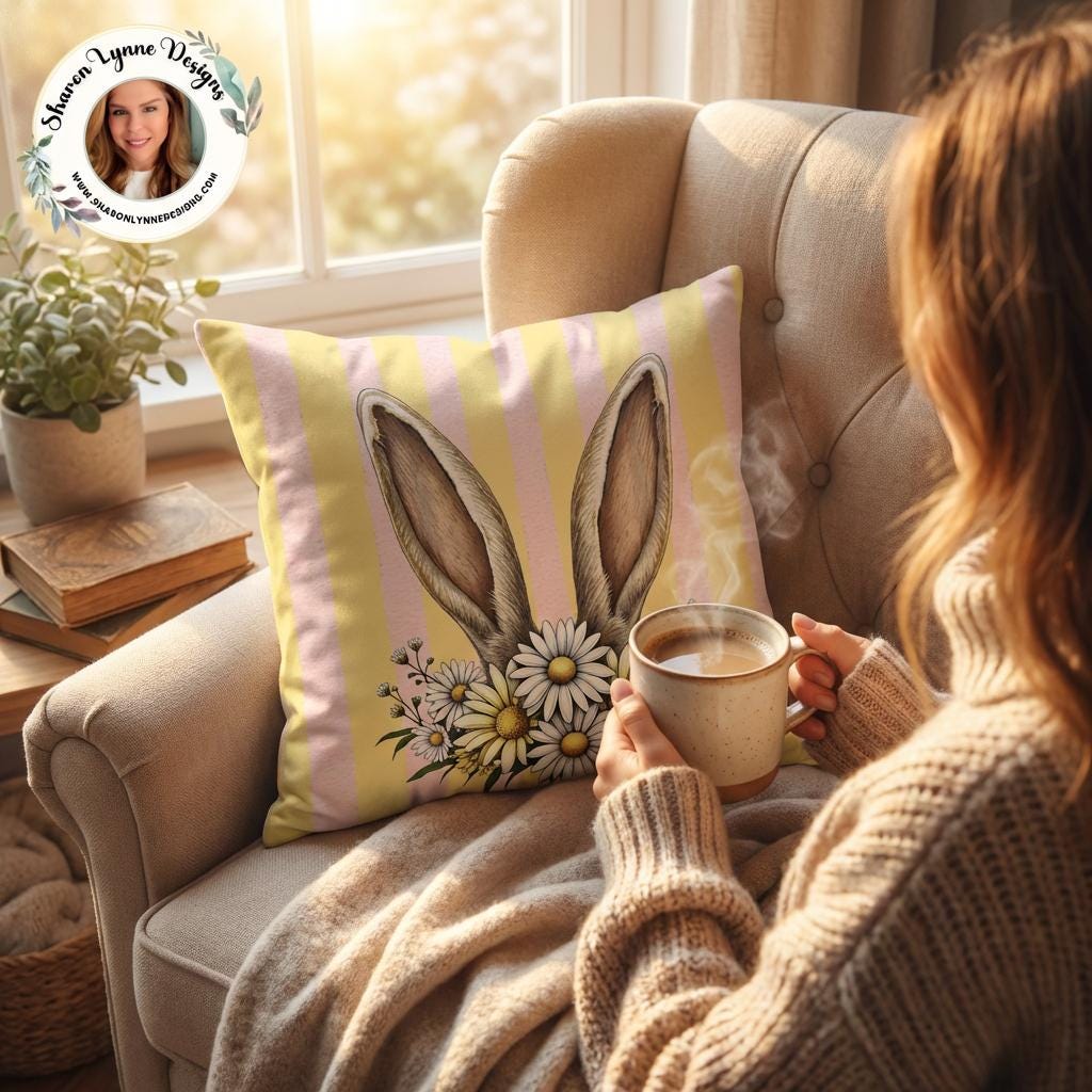 Bunny Ears Daisy Pastel Striped Faux Suede Square Pillowcase - Spring Easter Decor Pillow Cover