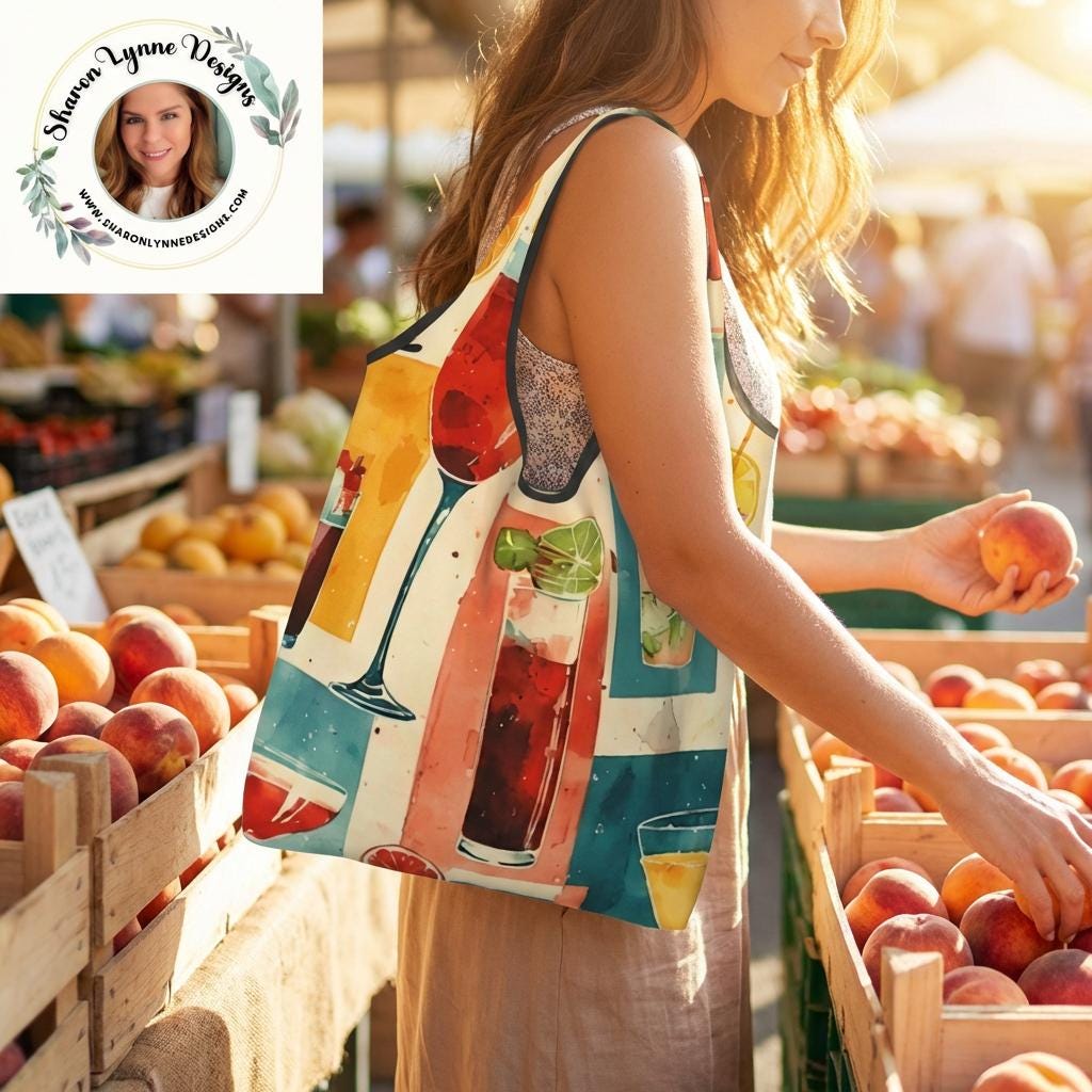 Mid-Century Cocktail Folding Reusable Grocery Shopping Bags - Retro Kitchen Storage Tote