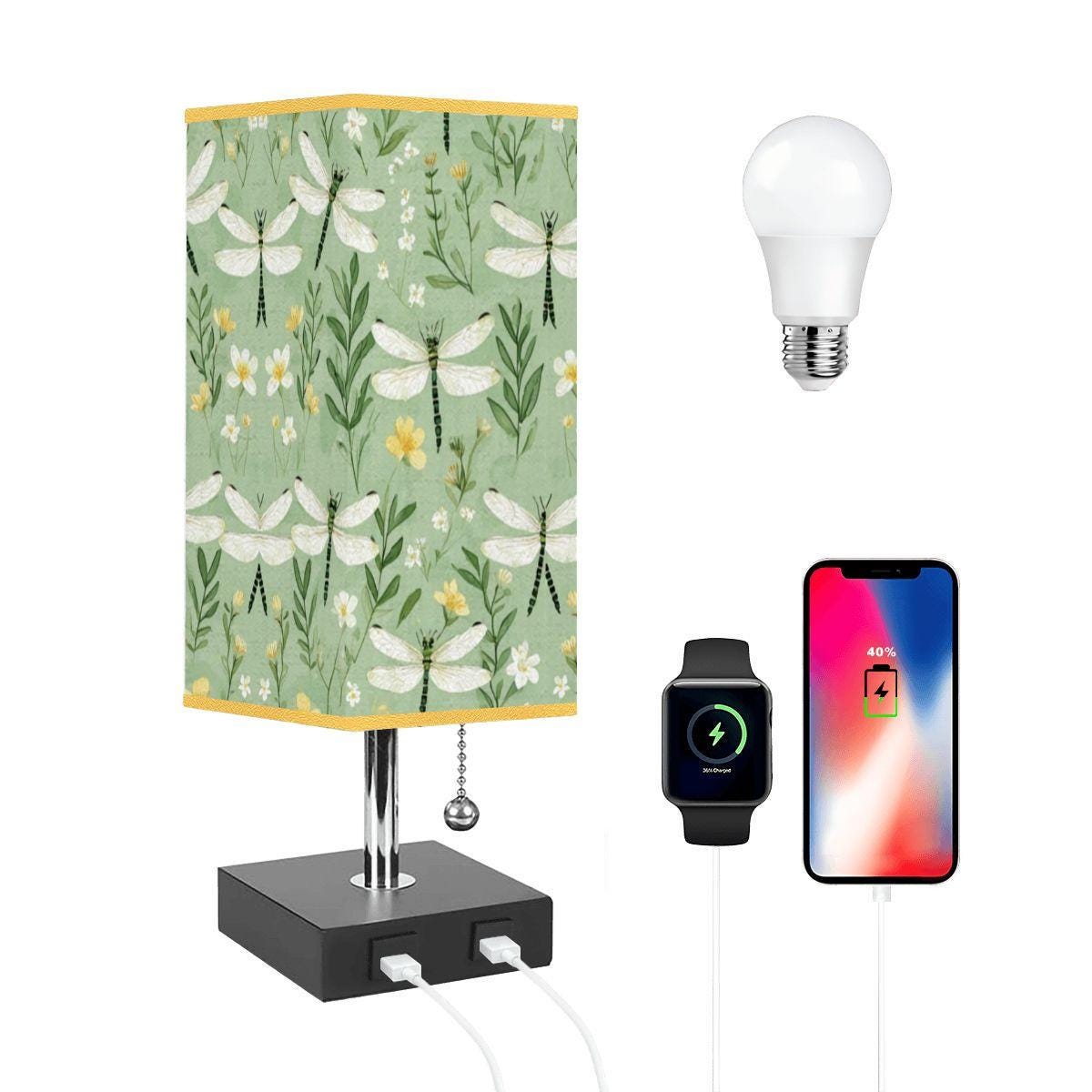 Dragonfly Square Table Lamp with USB Port Gold Trim - Modern Bedside Lighting Desk Light