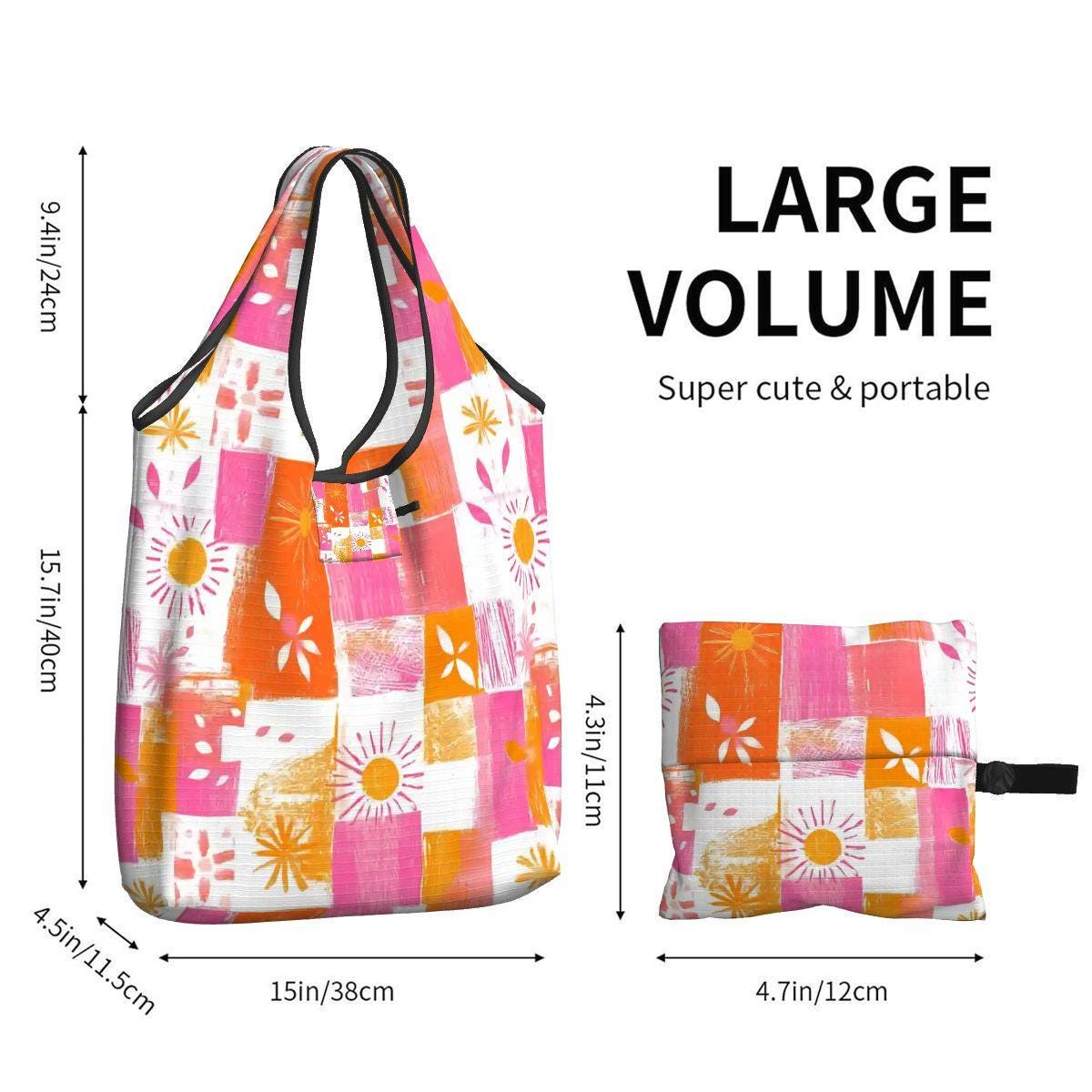 Pink Orange Folding Reusable Grocery Shopping Bags Compact Eco-Friendly Tote Storage