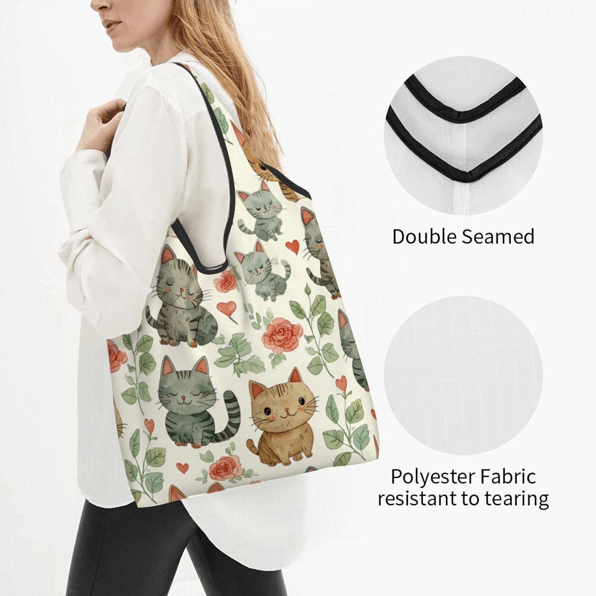 Hearts and Cats Folding Reusable Grocery Bags - Foldable Shopping Totes with Animal Print Design