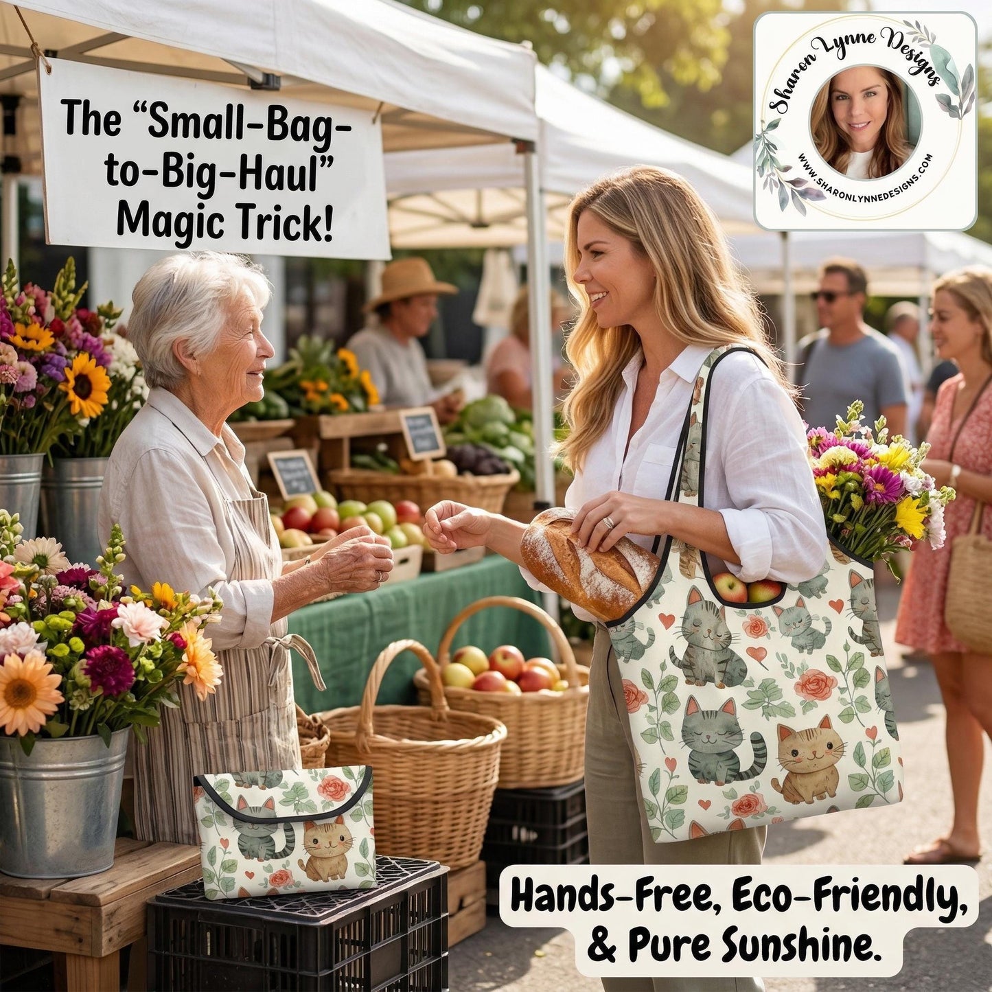 Hearts and Cats Folding Reusable Grocery Bags - Foldable Shopping Totes with Animal Print Design