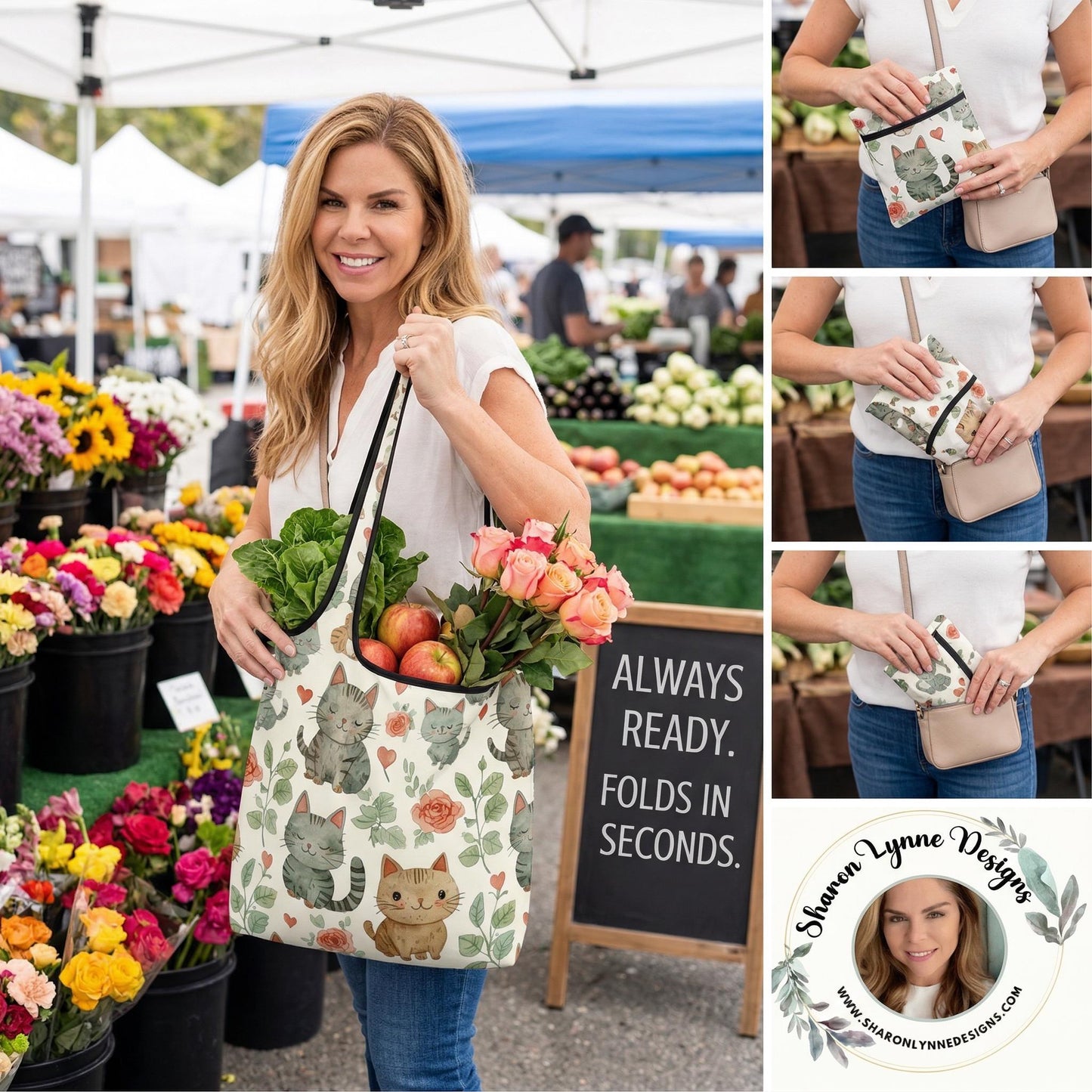 Hearts and Cats Folding Reusable Grocery Bags - Foldable Shopping Totes with Animal Print Design