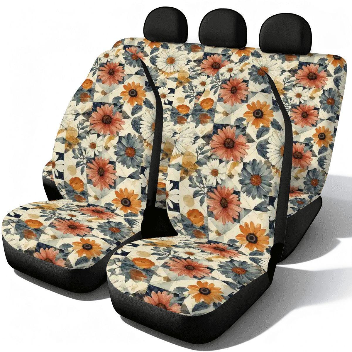 Floral Car Seat Covers Complete Set - Front Rear Bucket Console Protection Universal Fit