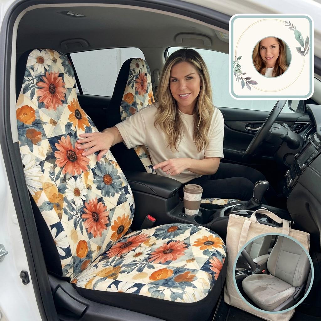 Floral Car Seat Covers Complete Set - Front Rear Bucket Console Protection Universal Fit