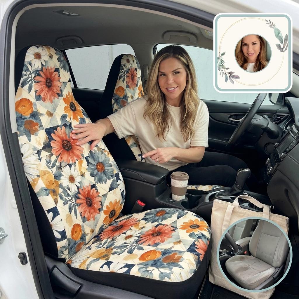 Floral Car Seat Covers Complete Set - Front Rear Bucket Console Protection Universal Fit