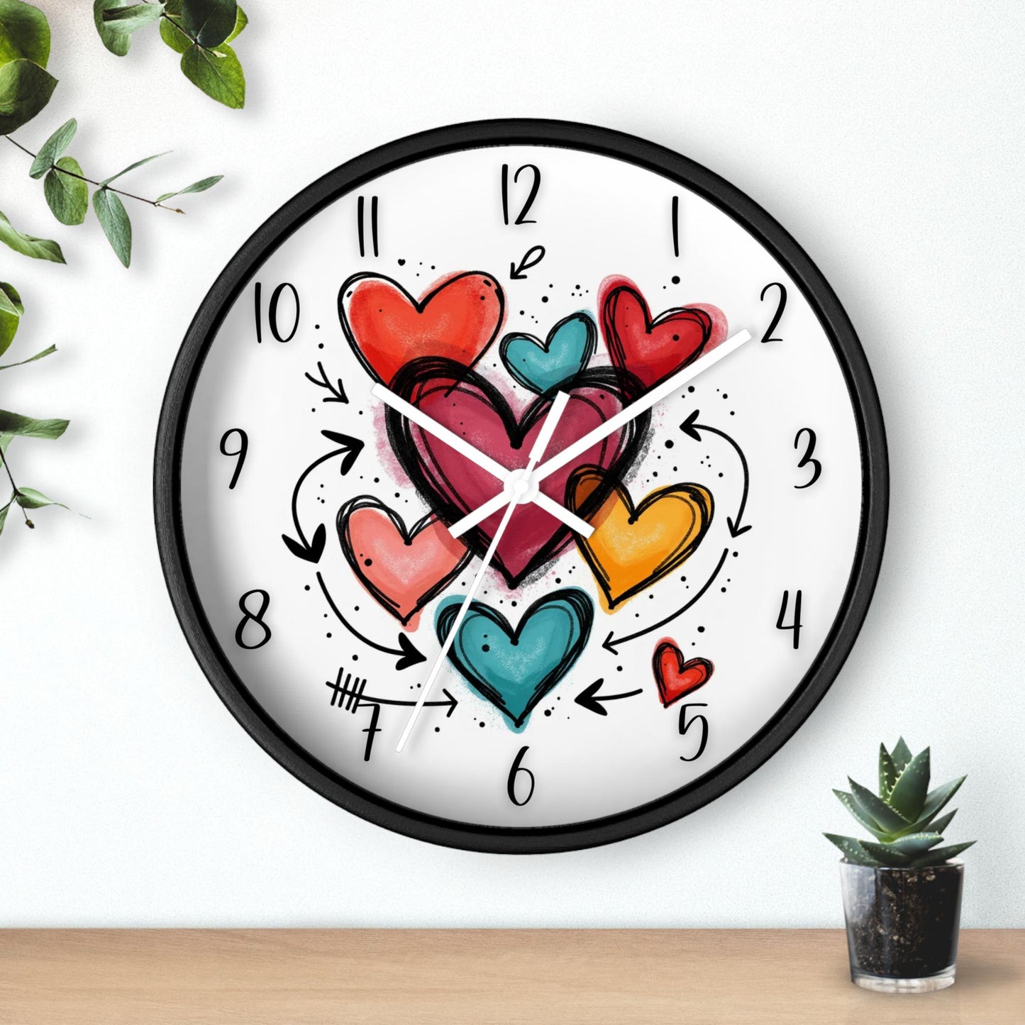Colorful Hand-Drawn Heart Cluster Wall Clock | Whimsical Timepiece | Romantic Home Decor