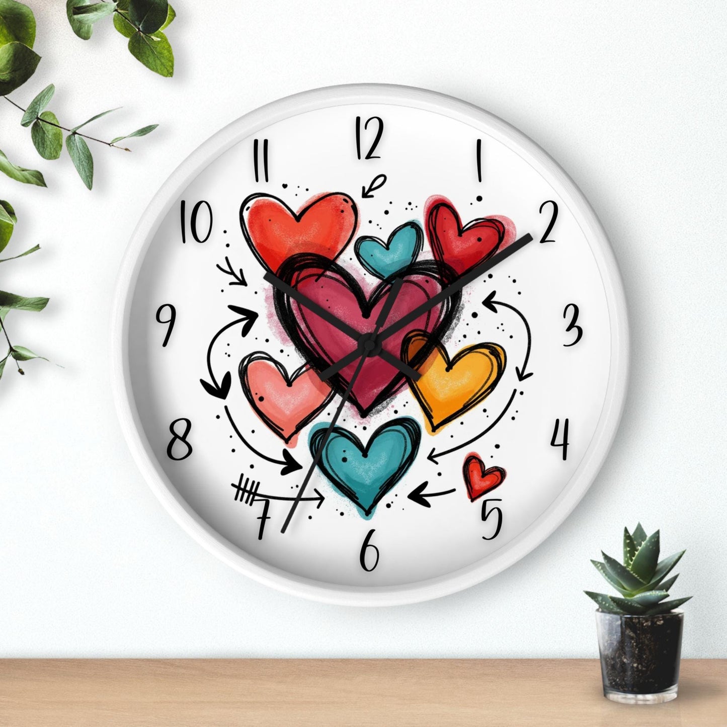 Colorful Hand-Drawn Heart Cluster Wall Clock | Whimsical Timepiece | Romantic Home Decor