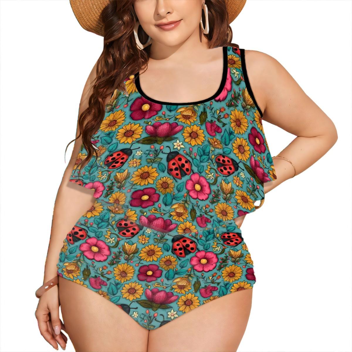 Plus Size Ruffle Swimsuit – Floral Ladybug Print Two-Piece Bikini