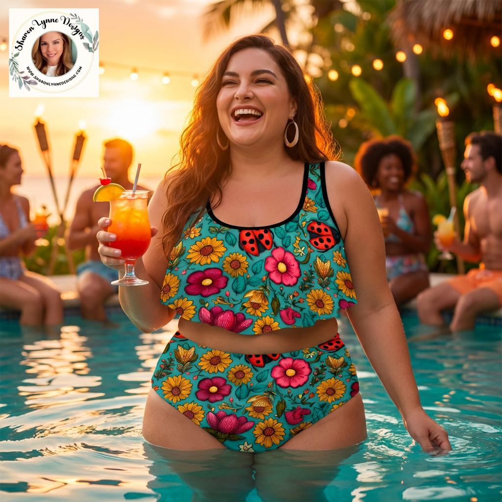 Plus Size Ruffle Swimsuit – Floral Ladybug Print Two-Piece Bikini