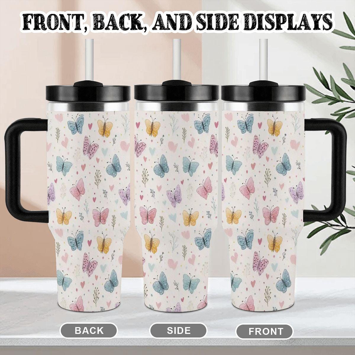 Butterfly 40oz Tumbler with Handle and Straw - Large Insulated Water Bottle Travel Cup