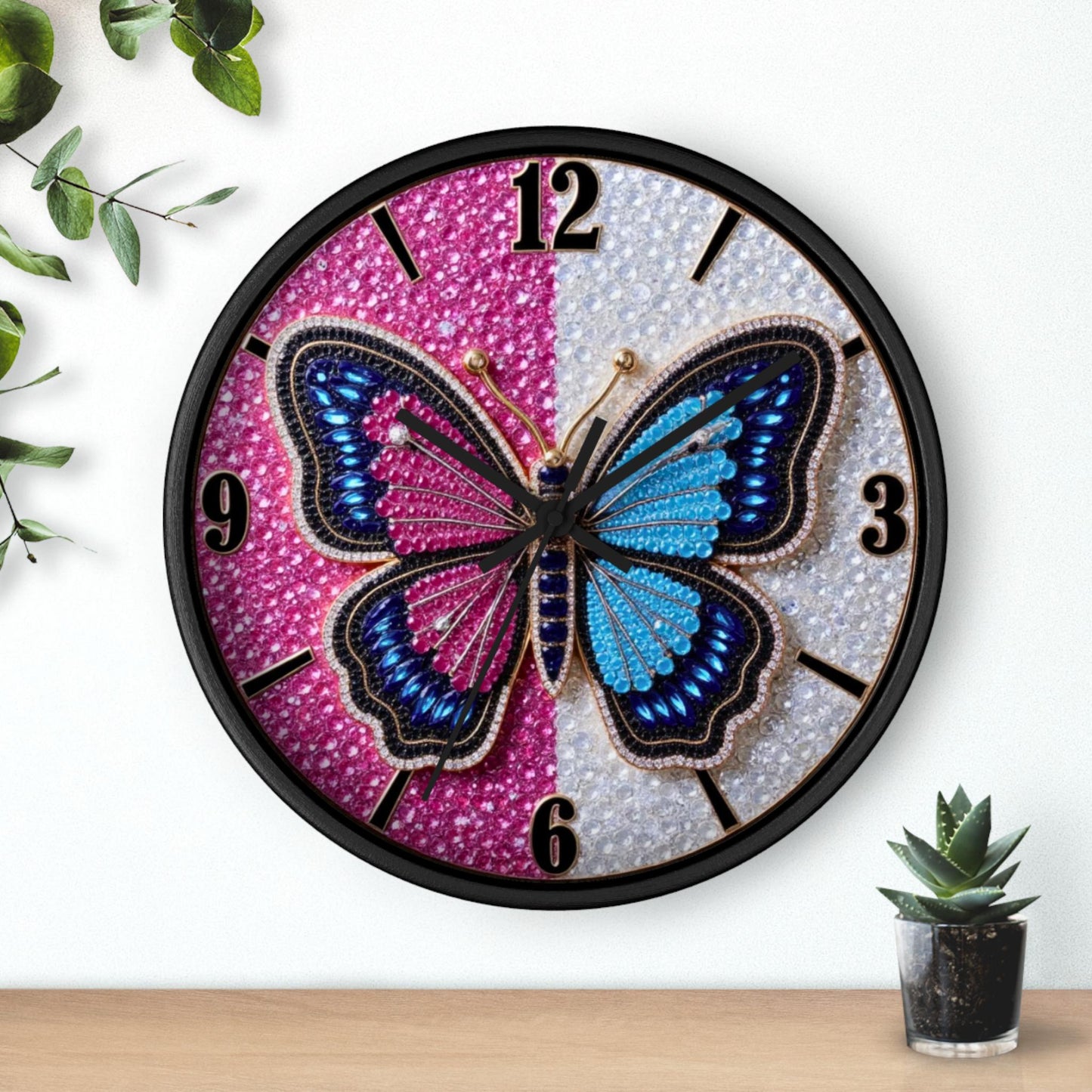 Blue Pink Butterfly Wall Clock Sparkle Timepiece Decorative Home Nursery Bedroom Girls Room Decor