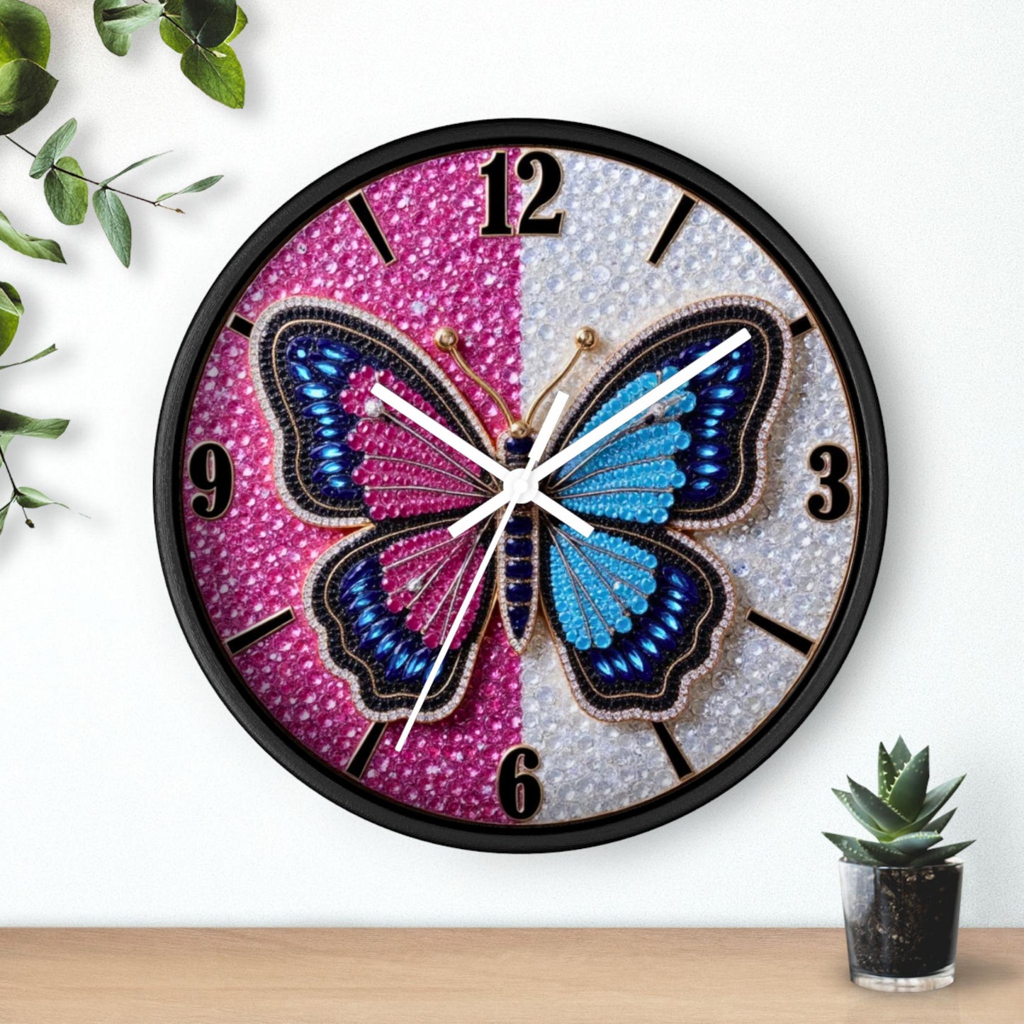 Blue Pink Butterfly Wall Clock Sparkle Timepiece Decorative Home Nursery Bedroom Girls Room Decor