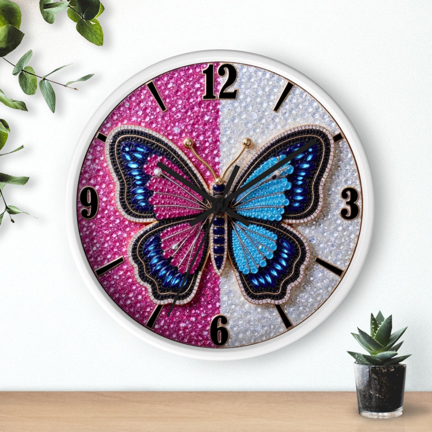 Blue Pink Butterfly Wall Clock Sparkle Timepiece Decorative Home Nursery Bedroom Girls Room Decor