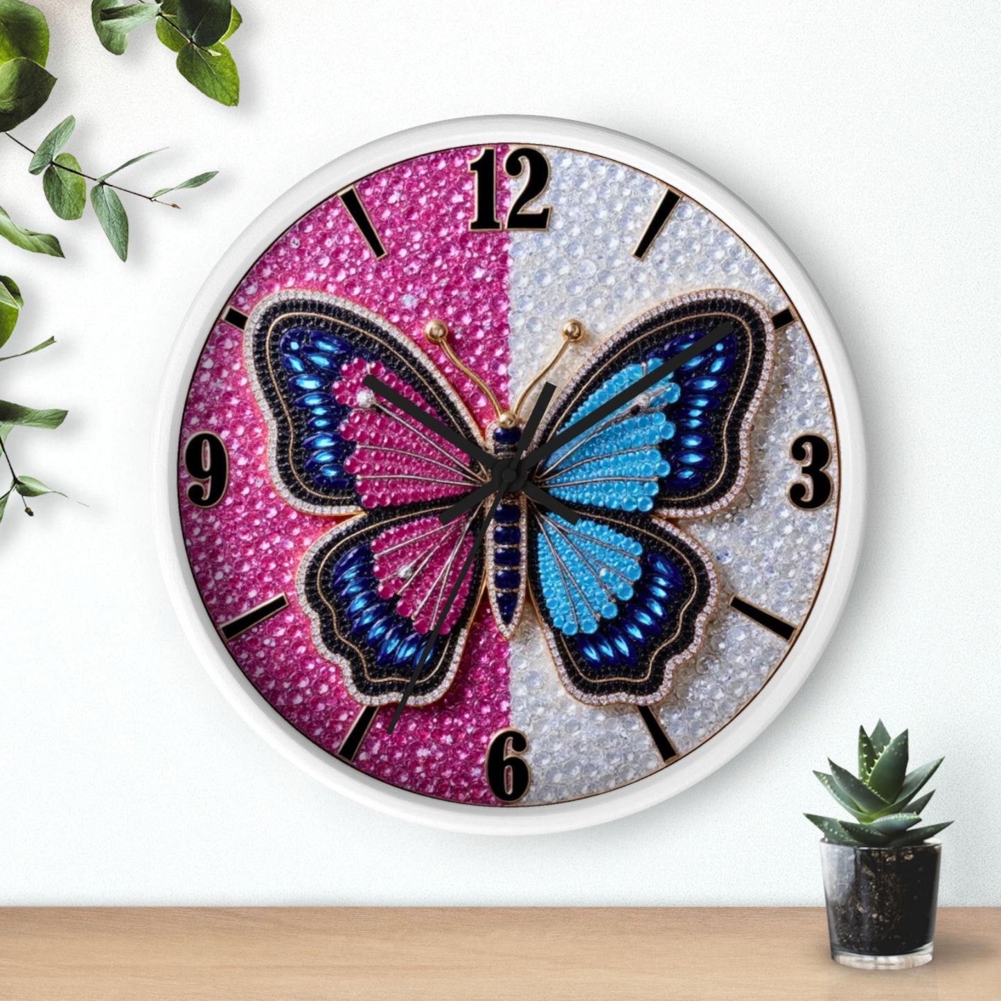 Blue Pink Butterfly Wall Clock Sparkle Timepiece Decorative Home Nursery Bedroom Girls Room Decor