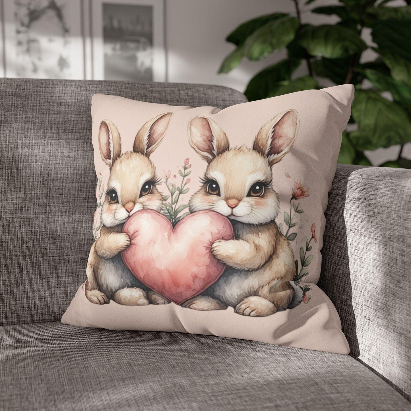 Easter Bunny Heart Faux Suede Square Pillowcase - Spring Holiday Decor Throw Pillow Cover