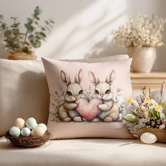 Easter Bunny Heart Faux Suede Square Pillowcase - Spring Holiday Decor Throw Pillow Cover