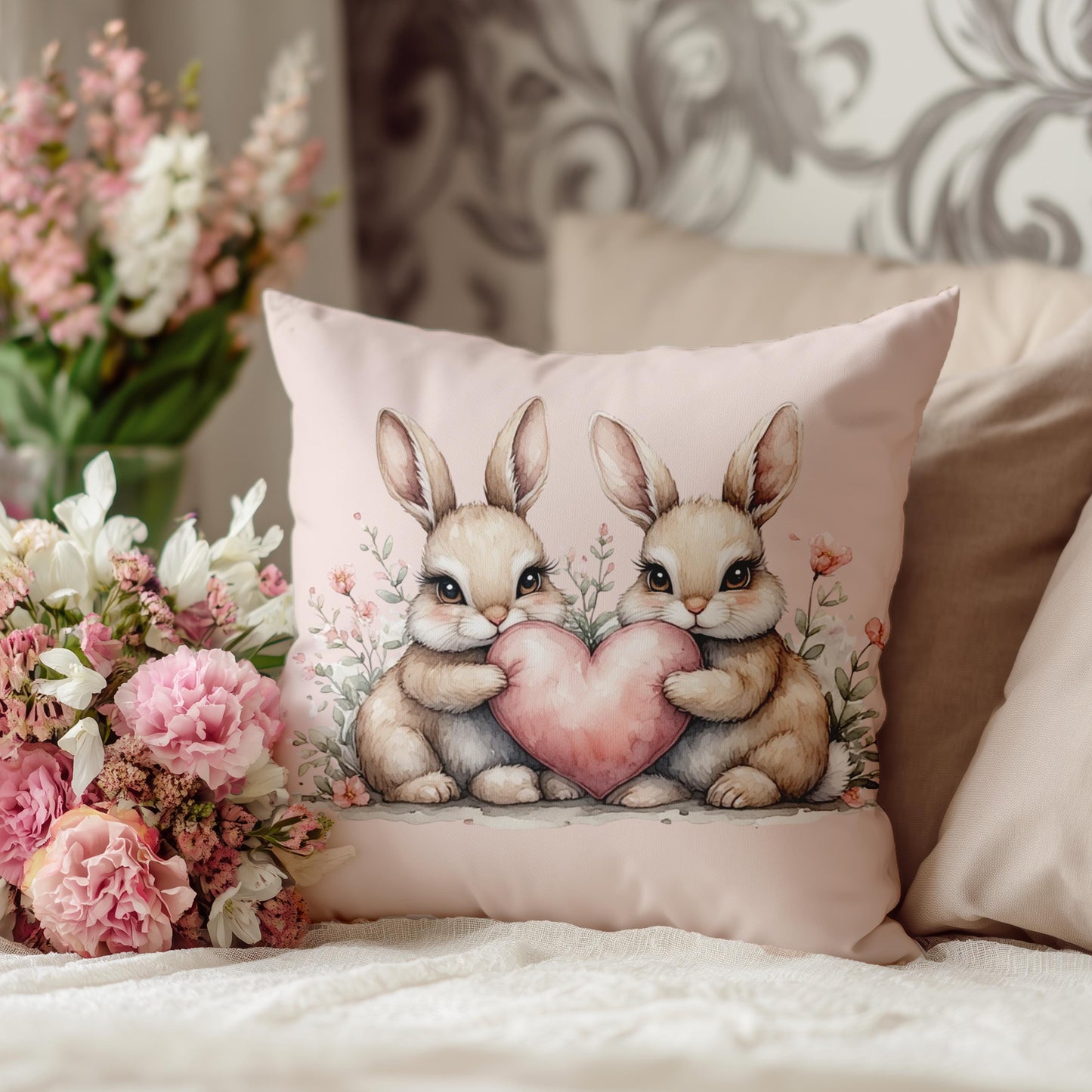 Easter Bunny Heart Faux Suede Square Pillowcase - Spring Holiday Decor Throw Pillow Cover
