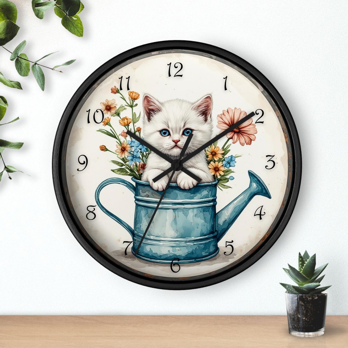 Kitten Wall Clock in White Watering Can Design, Rustic Farmhouse Decor with Silent Mechanism